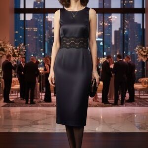 Vintage 90s Maggy London by Kenneth Nolan Navy Satin GuiporeLace Wiggle Dress 12